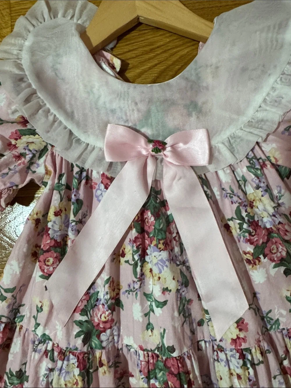 Vintage Pink Floral Baby Dress with White Collar and Bow